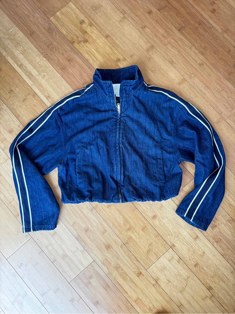 ZARA blue zip-up cropped denim track jacket white side stripes & elastic waist.